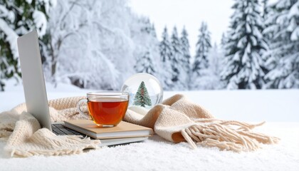 Winter outdoor scene with cup of tea, blanket, books, and snow globe in snowy forest. Cozy hot drink in nature, hygge picnic, reading in winter, slow living, cold weather relaxation