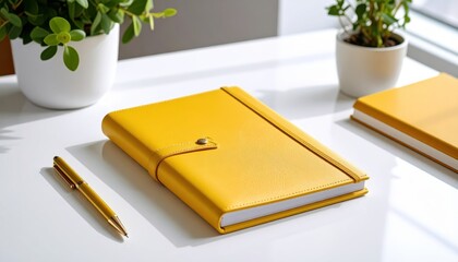 Yellow journal, pen, and potted plants on modern white table in bright office. Productivity, creative writing, planning, stylish stationery, contemporary workspace concept