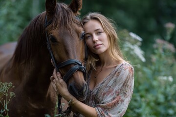 Fototapeta premium Beautiful girl embracing her horse in a serene natural setting during a sunny day, showcasing a bond between human and animal in a lush landscape
