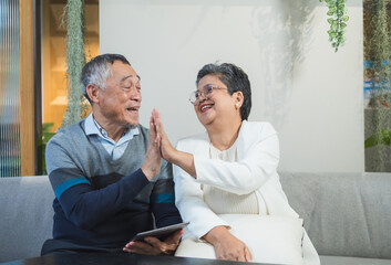 Elderly couple man and woman sit on sofa in cozy living room, use tablet together. appear be engaged in activity on tablet, possibly read browse internet plan your life, business or health insurance.