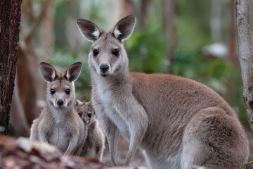 Fototapeta premium Mother kangaroo caring for her young joey in a lush forest setting with another playful joey nearby