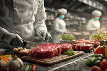 Food safety practices in a bustling kitchen with chefs preparing meat and fresh vegetables in a controlled environment