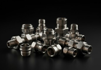 Various metallic pneumatic fittings arranged artistically on a dark background showcasing industrial design