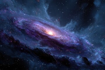 Fototapeta premium Explore the beauty of a cosmic blue and purple galaxy filled with swirling stars and vibrant colors in a captivating celestial scene
