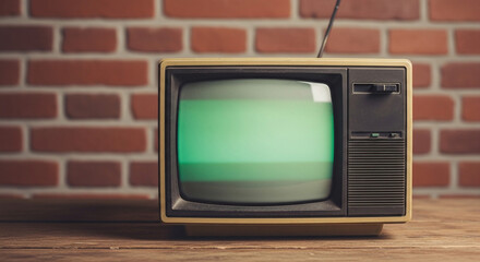 Tune into nostalgia with this retro TV on a wooden table against a brick wall, bringing back vintage vibes and a touch of old school charm today