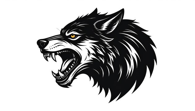 A fierce, stylized wolf head portrait, in bold black and white, showcases a snarling expression. - Powered by Adobe