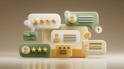 Capturing customer feedback with star ratings and chat bubbles, showcasing user reviews and satisfaction in a vibrant, modern digital interface for business analytics and service improvement.