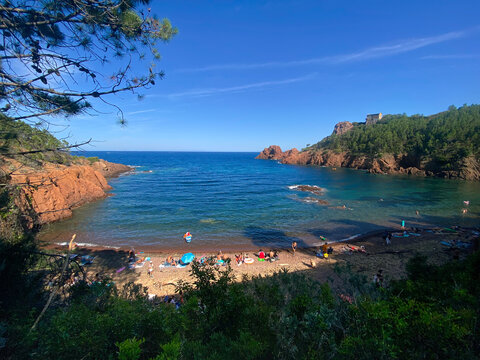 Scenic Cove Beach with Swimmers and Rocky Coastline