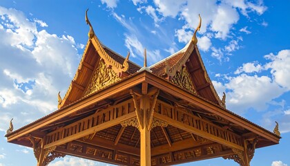 Obraz premium Ornate wooden roof structure of a Thai pavilion against a vibrant blue sky filled with fluffy clouds.