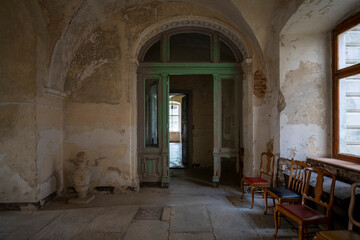 Abandoned Mansion Luxury Palace Castle Interior with Vintage Architecture and Decay