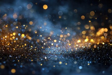 Mesmerizing abstract glitter bokeh lights background featuring shades of blue and shimmering gold, creating a magical atmosphere perfect for celebrations or artistic projects