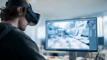 Focused on his monitor, the developer uses advanced VR technology to design interactive worlds. The workspace highlights the fusion of virtual reality and cutting edge software development - Powered by Adobe