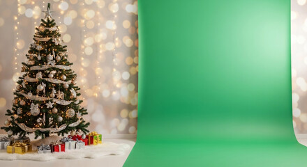 Elegant Christmas tree with ornaments and presents set against a vibrant green screen, perfect for festive greetings or holiday marketing campaigns