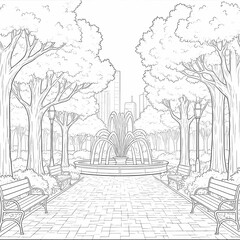Coloring page of a park with a fountain, simple outline drawing.
