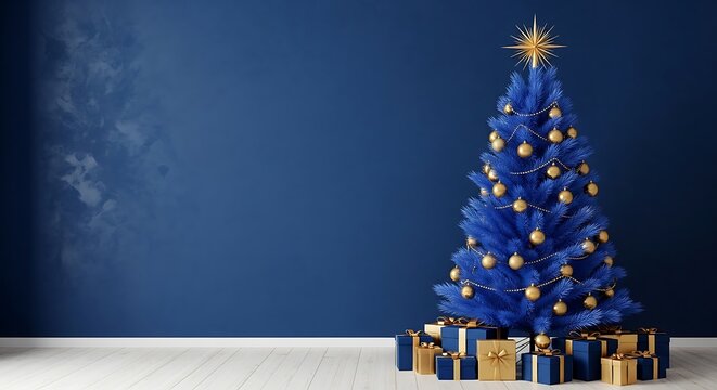 Illustration of a vibrant blue christmas tree adorned with golden baubles and gifts, set against a deep blue wall