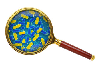 Magnifying glass with bacteria or germs isolated on transparent background PNG format for medical...