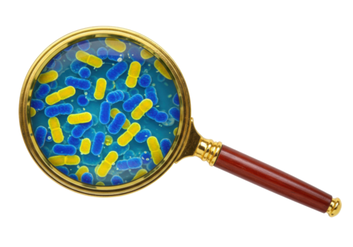 Magnifying glass with bacteria or germs isolated on transparent background PNG format for medical or science concept