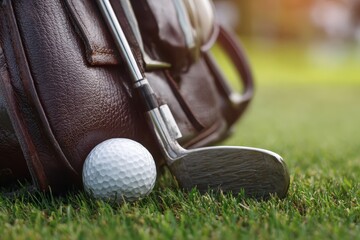 Golf club and ball resting in a brown bag on lush green grass under warm sunlight during a calm afternoon at the golf course