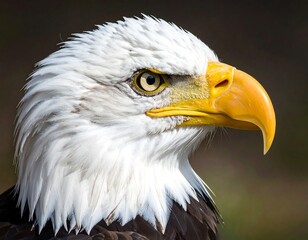 Obraz premium Close-up profile view of a majestic bald eagle's head, showcasing intricate plumage, keen golden eye, and sharp beak against a dark backdrop.