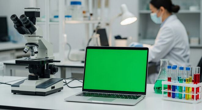 Cutting-edge laboratory research with green screen laptop and microscope for scientific innovation and medical breakthroughs in modern lab