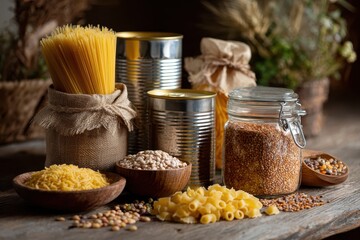 Assorted raw cereals, grains, and pasta displayed in a rustic kitchen setting with canned goods and dried ingredients