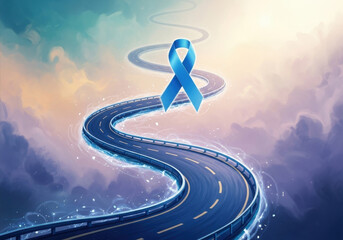 ethereal road winds through clouds, forming blue ribbon. symbol of journey for men's health. prostate cancer awareness month. social media, banner, poster.