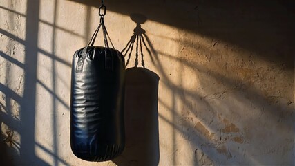 Classic Punching Bag Lit by Sunlight in Gym