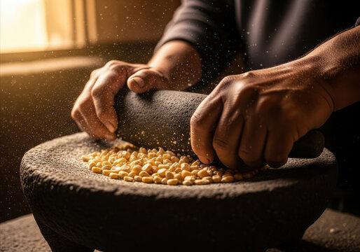 hands grind corn on traditional stone metate in warm golden light. authentic food preparation. native american heritage month.
