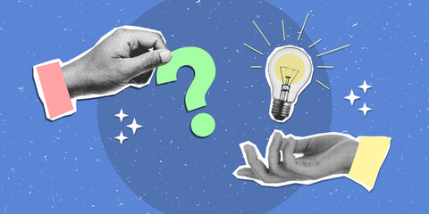 Halftone hands with a question mark and light bulb idea. Modern photo collage retro style.