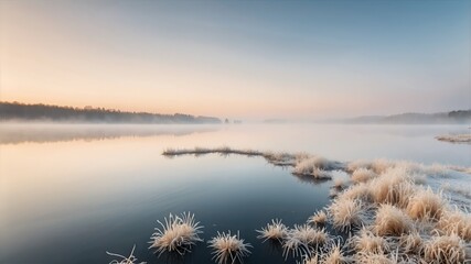 Misty Winter Morning at the Frosty Lake Shore