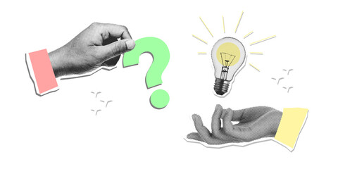 Halftone hands with a question mark and light bulb idea. Modern photo collage retro style. transparent white background.