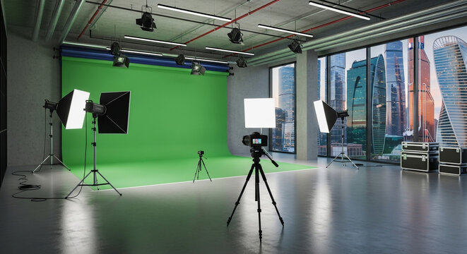 Modern studio setup ready for film or photography with green screen and city view, perfect for creative projects and professional content creation