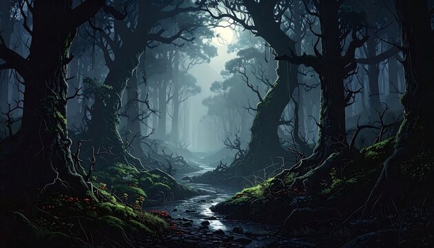 A moonlit, misty forest scene with a winding stream, showcasing gnarled trees and moss-covered banks, bathed in a somber, ethereal light.