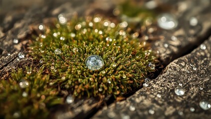Dewdrops like gems on green forest moss