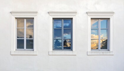 Fototapeta premium Three classic windows on a white building facade, showcasing reflections of the sky and trees.