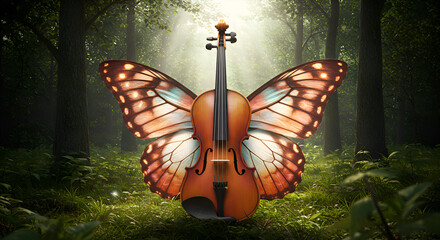 Violin with butterfly wings in a sunlit forest clearing creating a whimsical and magical atmosphere for fantasy and nature lovers.