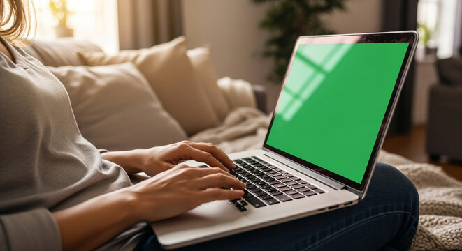 Relaxed woman works on laptop with green screen at home, perfect for showcasing remote work and digital lifestyle in a cozy environment