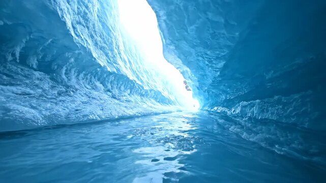 A slow push-in shot explores the intricate, shimmering blue ice formations inside a vast glacier cave, revealing stunning natural patterns exploration, detail, shimmering