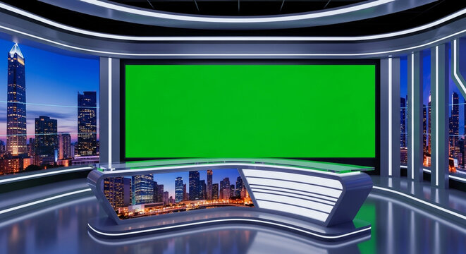 Modern television studio set with green screen backdrop and city skyline provides dynamic space for news broadcasts and virtual events production - Powered by Adobe