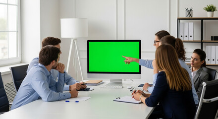 Dynamic team strategizing with green screen monitor for modern workspace presentations and collaborative projects showcasing cutting-edge technology