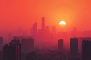 Fototapeta premium Beautiful sunset over a vibrant Asian cityscape highlighting tall skyscrapers and a colorful sky