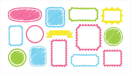 Assortment of Colorful Hand- Drawn Doodle Frames and Banners with Textured Fill border ribbon