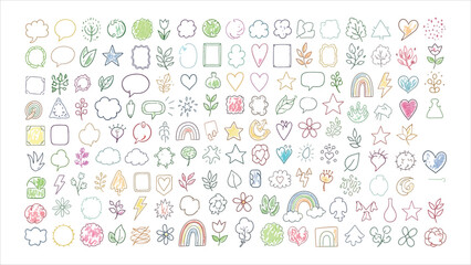 Assortment of Hand- Drawn Doodle Icons Featuring Clouds Hearts Stars Flowers and Leaves in Various Colors Keywords: doodle, icon, hand drawn, sketch, drawing, illustration, graphic