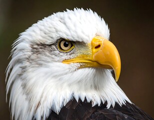 Obraz premium Close-up of an American bald eagle's head, showcasing intricate details of its plumage, piercing eye, and vibrant beak against a rich backdrop.