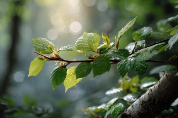 Obraz premium Fresh green leaves sprouting in spring sunlight with a soft bokeh background creating a serene nature ambiance
