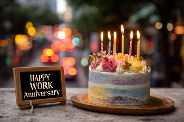 Celebratory colorful cake with candles alongside a cheerful sign marking work anniversary in a bustling city setting during evening hours