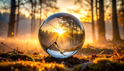 Lens Sphere Capturing Sunset Forest Landscape with Bright Sunlight