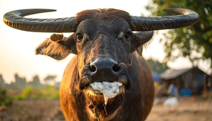 Close-up of a water buffalo with large horns,  looking directly at the camera, with its mouth slightly open, displaying a curious expression.