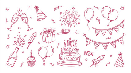 Fototapeta premium Hand Drawn Red Line Art Celebration Elements Including Cake Balloons Gift and Champagne Glasses on White Background