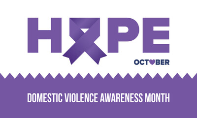 Domestic Violence Awareness Month in October. Celebrate annual in United States. Awareness purple ribbon. Day of Unity. Prevention campaign. Stop women abuse. Poster, banner and background. Vector
